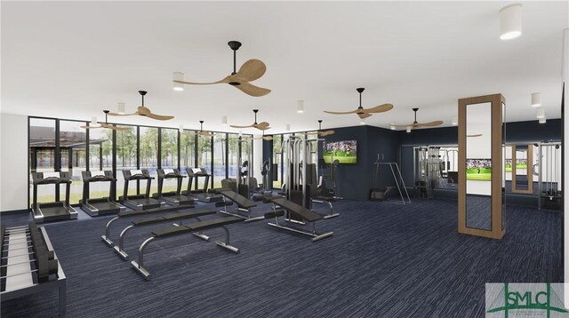 323 Birch Dr, Richmond Hill, GA 31324 - workout area featuring ceiling fan and carpet