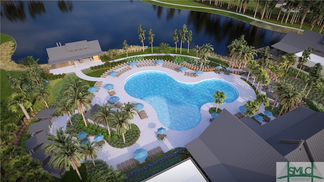 view of pool featuring a water view