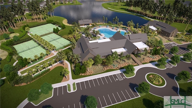 bird's eye view with a water view