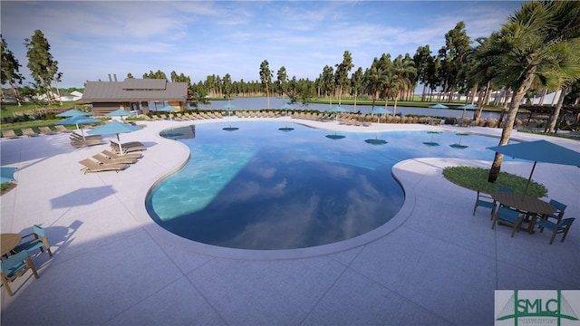pool with a patio