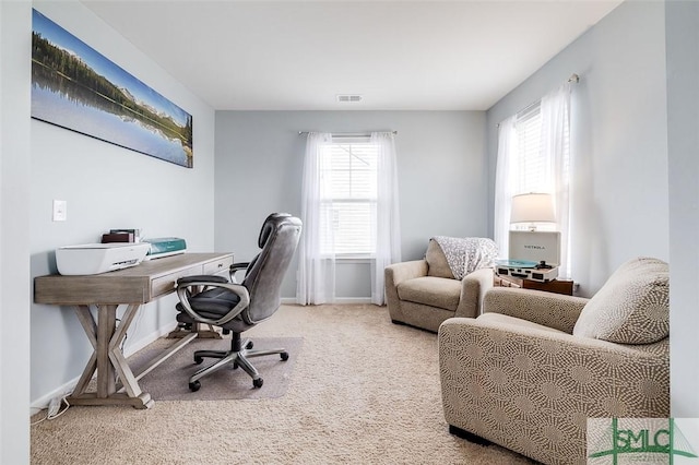 carpeted home office with baseboards and a wealth of natural light