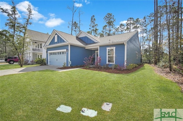 view of front of property with a garage, concrete driveway, roof with shingles, a front lawn, and board and batten siding