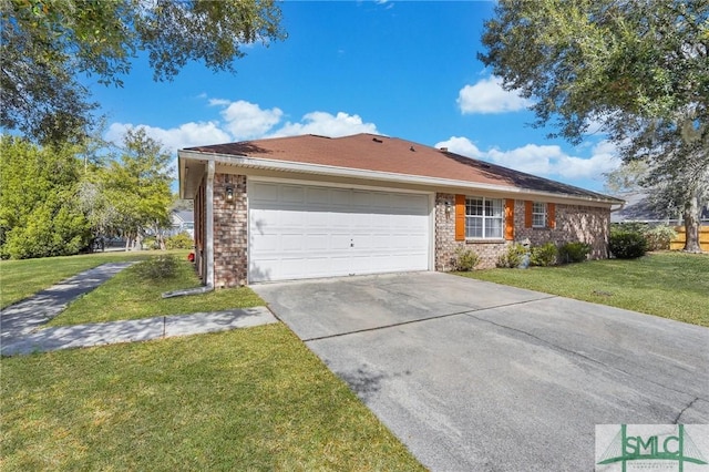 ranch-style house featuring a garage, a front lawn, concrete driveway, and brick siding