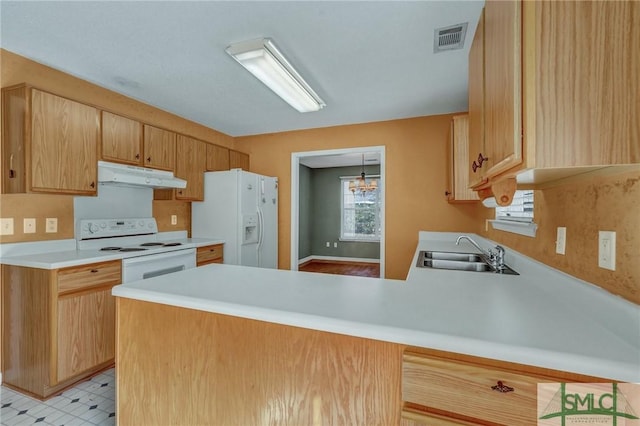 kitchen featuring white appliances, visible vents, a peninsula, under cabinet range hood, and a sink