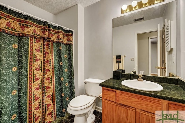 bathroom featuring curtained shower, visible vents, toilet, a textured ceiling, and vanity