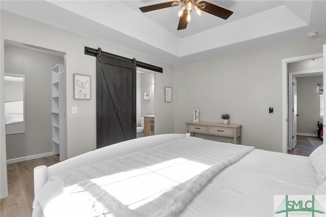 bedroom featuring wood finished floors, a raised ceiling, a spacious closet, and a barn door