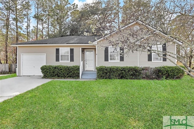 single story home featuring an attached garage, fence, concrete driveway, and a front yard