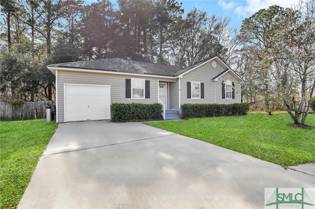 ranch-style house with an attached garage, fence, concrete driveway, and a front yard