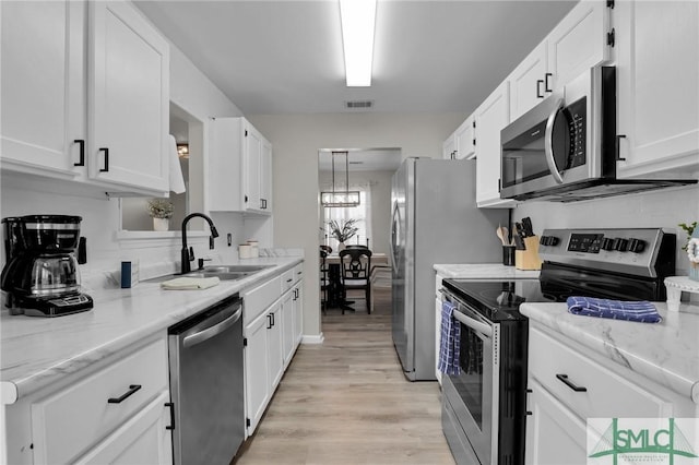 kitchen featuring appliances with stainless steel finishes, a sink, visible vents, and white cabinetry