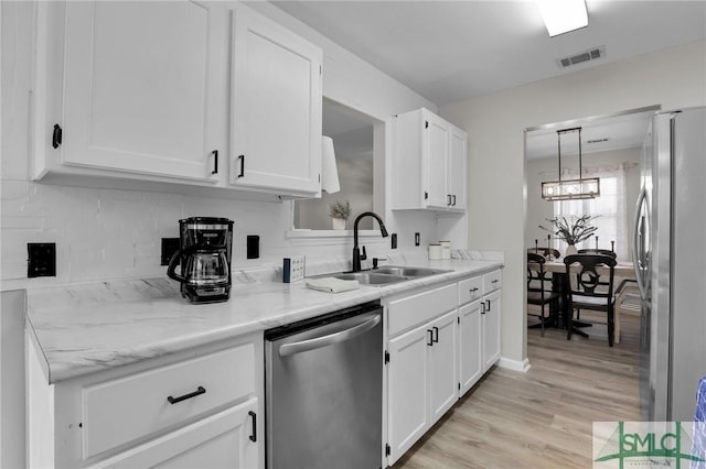 kitchen featuring white cabinets, visible vents, stainless steel appliances, and a sink