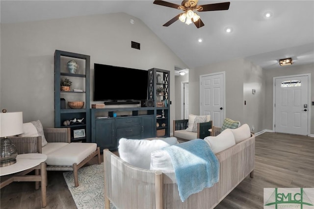 living room with visible vents, a ceiling fan, wood finished floors, and recessed lighting