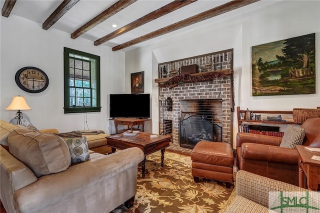 living room featuring a fireplace and beam ceiling