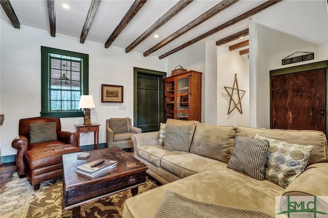 living area with beam ceiling, wood finished floors, and recessed lighting