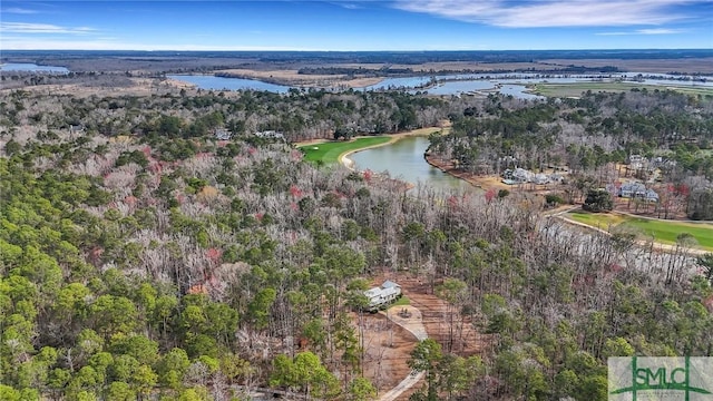 birds eye view of property with a water view and a wooded view