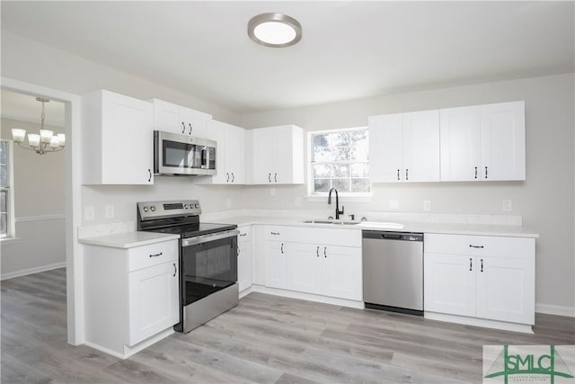 kitchen featuring stainless steel appliances, a sink, white cabinetry, light countertops, and light wood finished floors