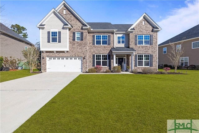 craftsman house with a garage, concrete driveway, brick siding, and a front yard