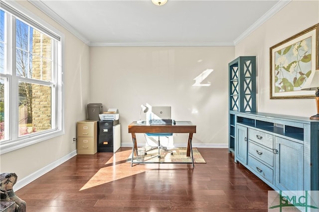 home office featuring baseboards, dark wood-type flooring, and crown molding