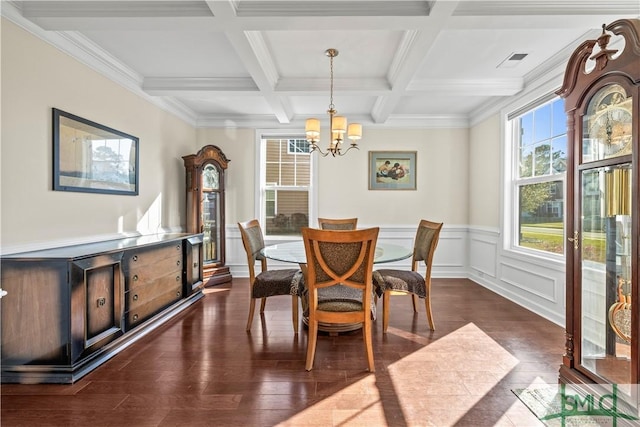 dining space with dark wood-style floors, visible vents, a chandelier, coffered ceiling, and beamed ceiling