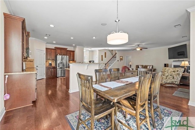 dining space with visible vents, dark wood-style floors, ceiling fan, stairs, and recessed lighting