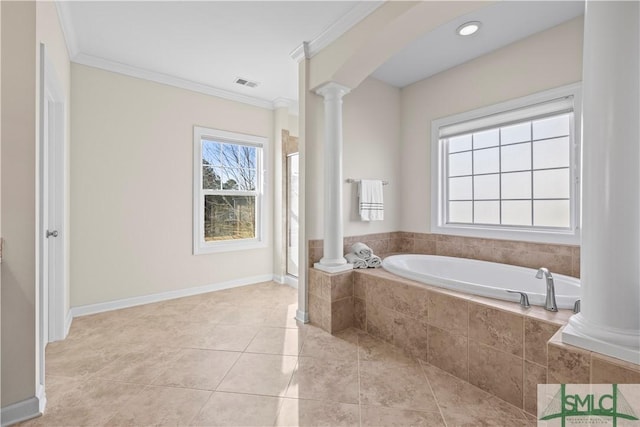 bathroom featuring a garden tub, visible vents, ornamental molding, a shower stall, and ornate columns