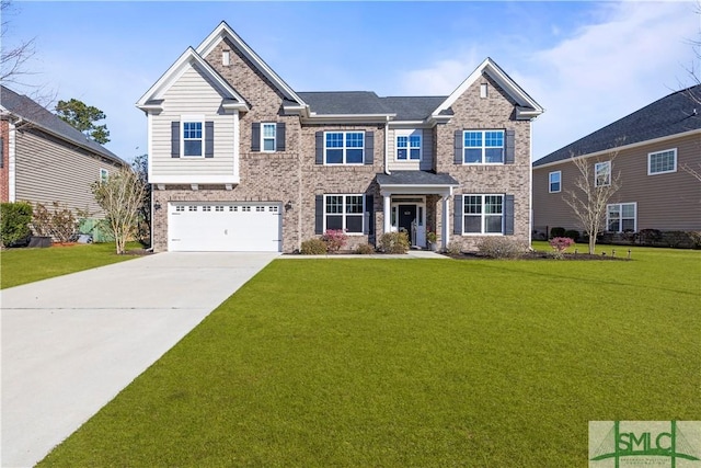 view of front facade featuring concrete driveway, brick siding, an attached garage, and a front lawn