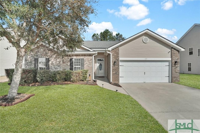 single story home featuring an attached garage, driveway, a front yard, and brick siding