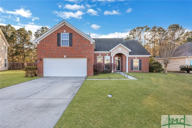 traditional home featuring concrete driveway, brick siding, a front lawn, and fence