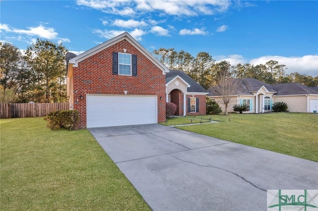 traditional-style house featuring fence, a front lawn, concrete driveway, and brick siding