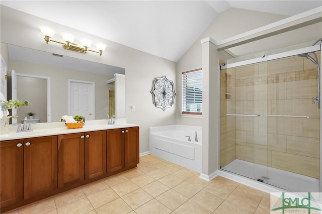 full bath with double vanity, a sink, and a shower stall