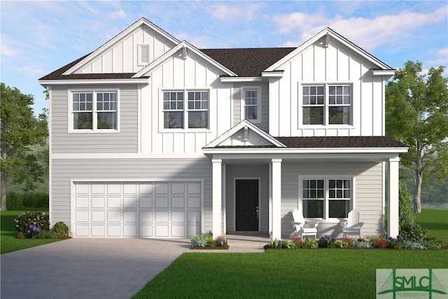 view of front of house featuring concrete driveway, an attached garage, a porch, board and batten siding, and a front yard