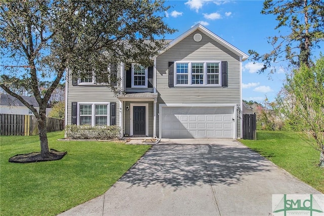 traditional home with driveway, an attached garage, fence, and a front yard