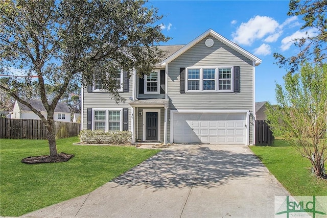 traditional home with a garage, fence, a front lawn, and concrete driveway