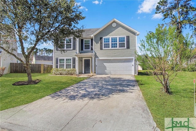 traditional-style home with driveway, a garage, fence, and a front lawn