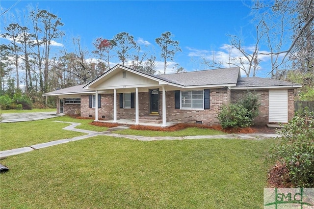 single story home with crawl space, a front yard, a porch, and brick siding