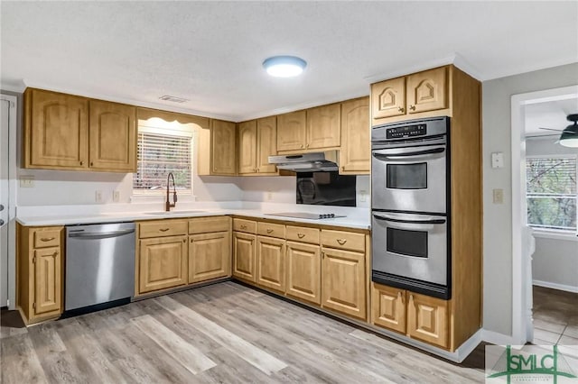 kitchen featuring under cabinet range hood, appliances with stainless steel finishes, light countertops, and a sink