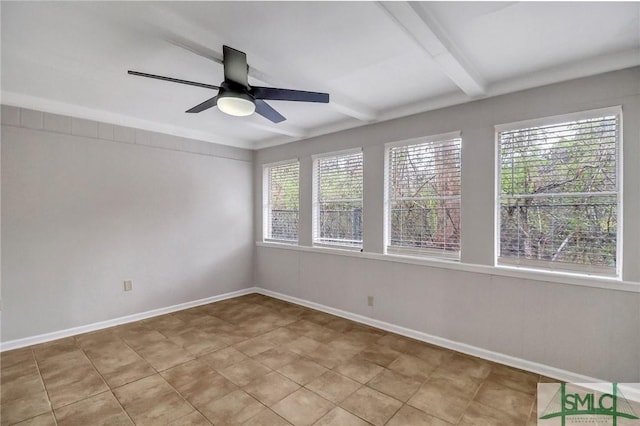 empty room featuring ceiling fan, baseboards, and beam ceiling