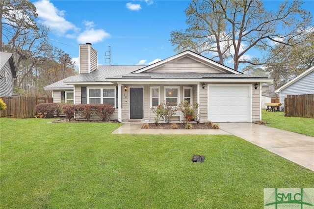 ranch-style house with an attached garage, fence, and a front yard