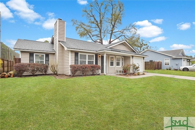 single story home featuring an attached garage, a chimney, a front yard, and fence