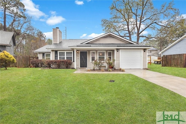 ranch-style house with concrete driveway, fence, and a front lawn