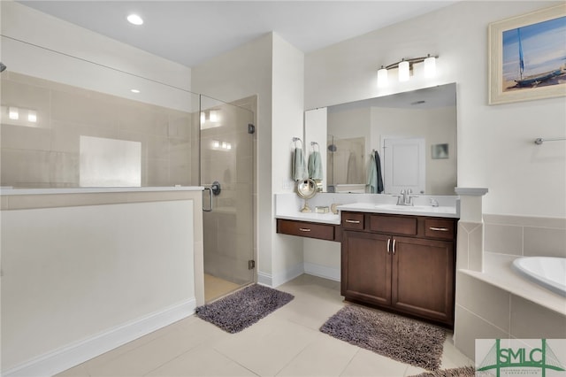80 Rimmon Ct, Richmond Hill, GA 31324 - full bathroom featuring a stall shower, tile patterned flooring, vanity, a bath, and recessed lighting