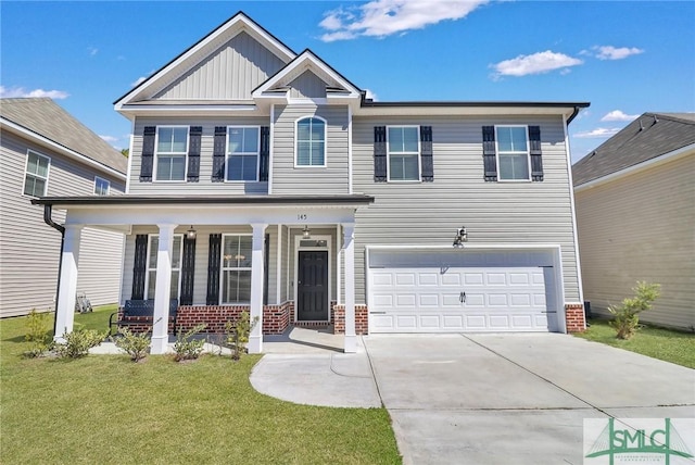 view of front facade with a porch, an attached garage, brick siding, driveway, and a front yard