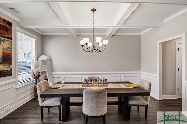 dining room with coffered ceiling, visible vents, beamed ceiling, and an inviting chandelier