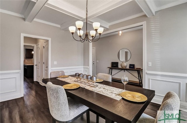 dining area with a chandelier, dark wood-type flooring, and beamed ceiling