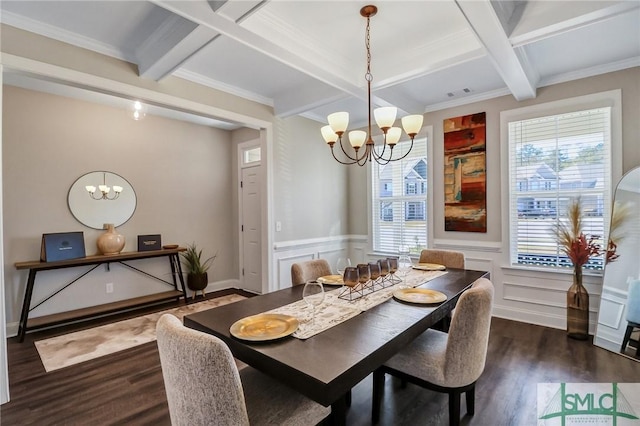 dining room featuring beamed ceiling, coffered ceiling, wood finished floors, and a notable chandelier