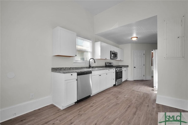 kitchen with stainless steel appliances, a sink, white cabinetry, electric panel, and light wood finished floors