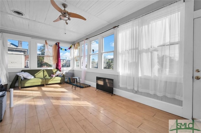 sunroom with wood ceiling, ceiling fan, a wealth of natural light, and visible vents