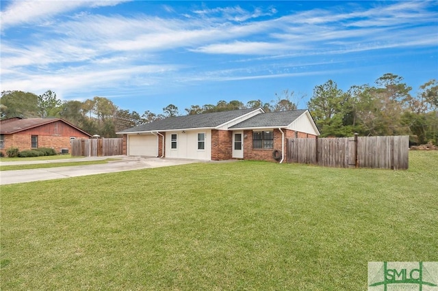 ranch-style home featuring driveway, a garage, brick siding, fence, and a front yard