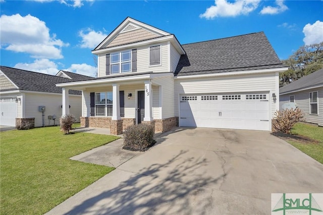 craftsman-style house featuring brick siding, a porch, concrete driveway, an attached garage, and a front yard