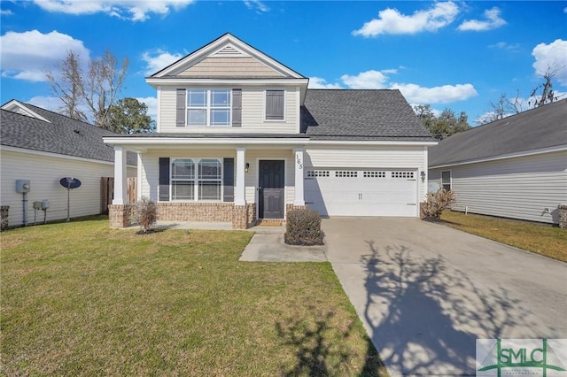 view of front of house featuring driveway, an attached garage, a front lawn, a porch, and brick siding