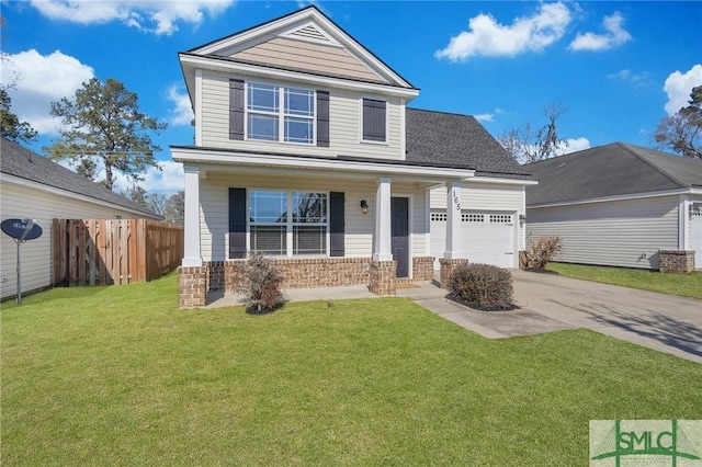 view of front of home with brick siding, fence, a garage, driveway, and a front lawn